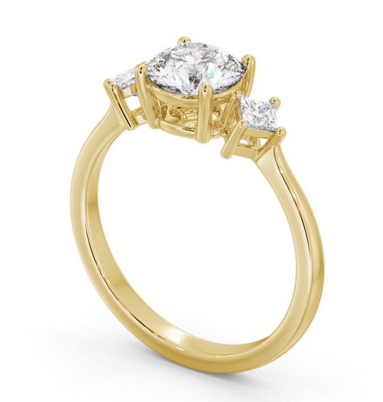 Round Diamond Engagement Ring 18K Yellow Gold Solitaire with A Princess Diamond On Each Side ENRD183S_YG_THUMB1