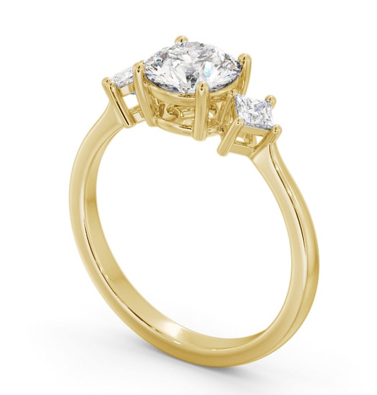 Round Diamond Engagement Ring 18K Yellow Gold Solitaire with A Princess Diamond On Each Side ENRD183S_YG_THUMB1