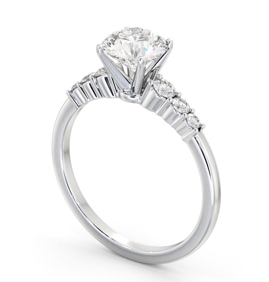 Round Diamond Engagement Ring 18K White Gold Solitaire with Three Smaller Diamonds On Each Side ENRD203S_WG_THUMB1 