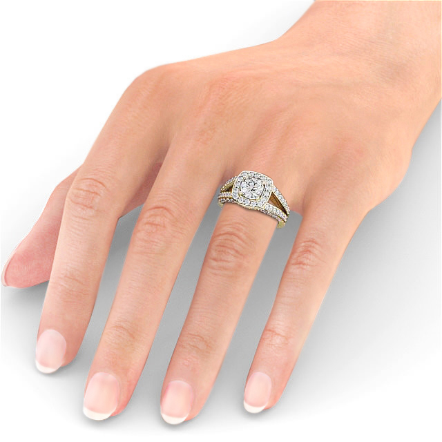 Halo Round Diamond Engagement Ring 9K Yellow Gold - Ferring ENRD52_YG_HAND