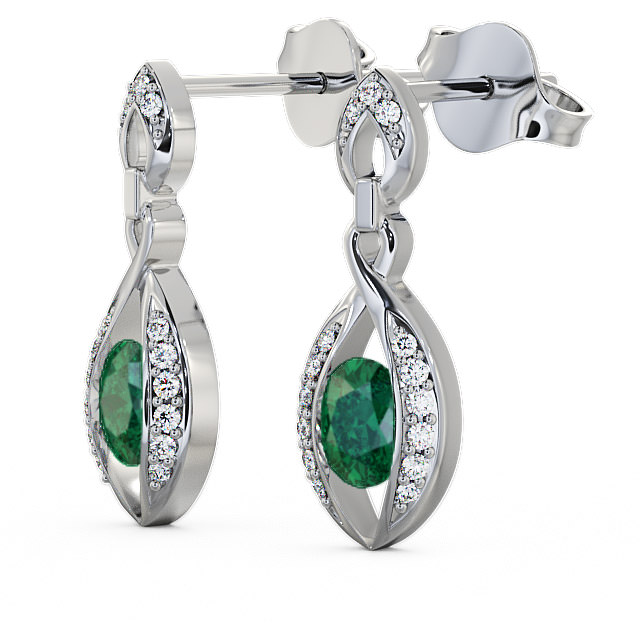 Drop Style Emerald and Diamond 1.16ct Earrings 18K White Gold - Ingoe