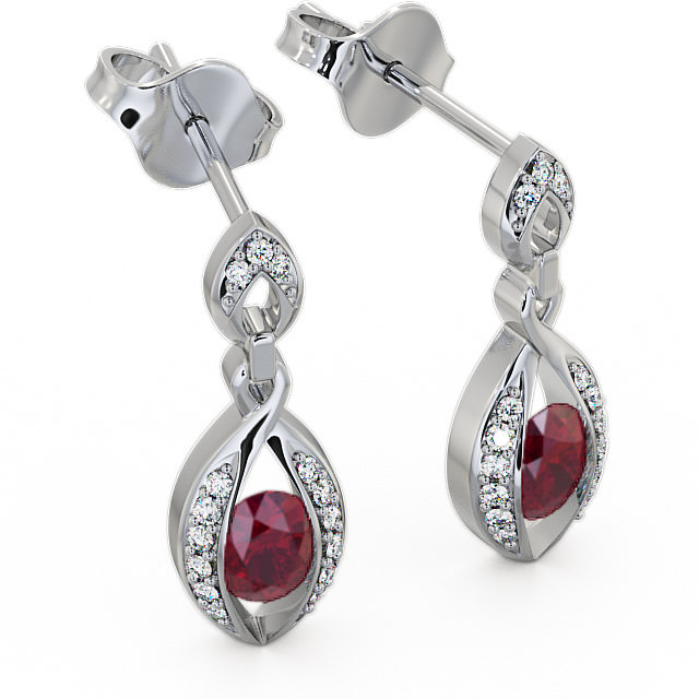 Drop Style Ruby and Diamond 1.32ct Earrings 18K White Gold - Ingoe ERG12GEM_WG_RU_FLAT