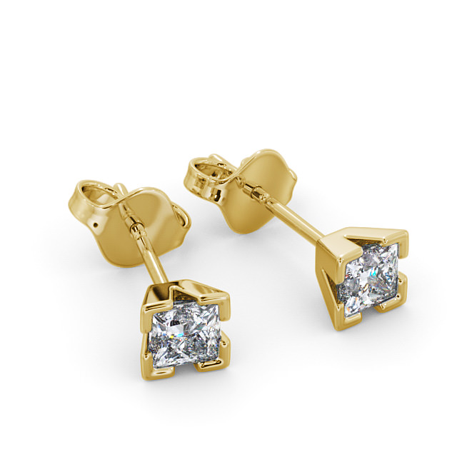 Princess Diamond Split Bezel Stud Earrings 18K Yellow Gold - Emol ERG130_YG_FLAT