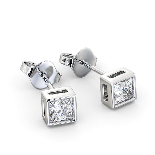 Princess Diamond Bezel Stud Earrings 9K White Gold - Selda ERG136_WG_FLAT