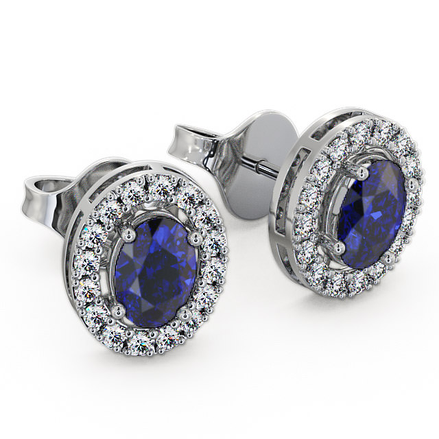Halo Blue Sapphire and Diamond 1.62ct Earrings 9K White Gold - Eyam ERG17GEM_WG_BS_FLAT