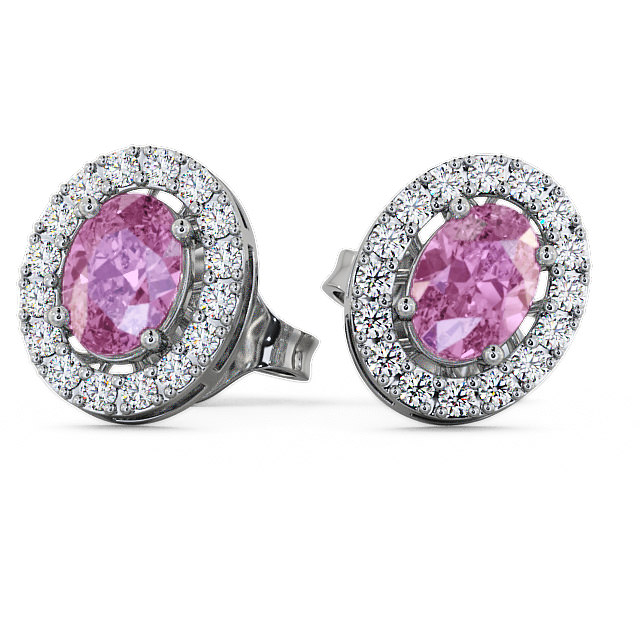 Halo Pink Sapphire and Diamond 1.62ct Earrings 9K White Gold - Eyam ERG17GEM_WG_PS_UP