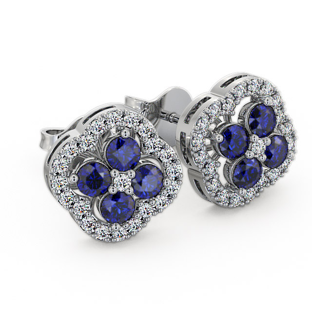 Cluster Blue Sapphire and Diamond 1.54ct Earrings 18K White Gold - Pendle ERG27GEM_WG_BS_FLAT