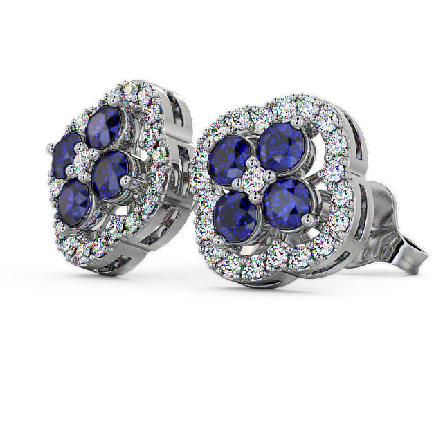 Cluster Blue Sapphire and Diamond 1.54ct Earrings 18K White Gold - Pendle ERG27GEM_WG_BS_SIDE