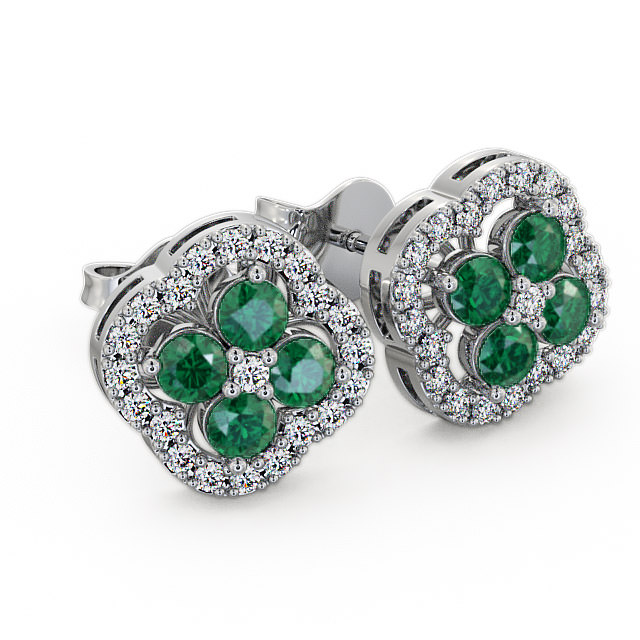 Cluster Emerald and Diamond 1.30ct Earrings 18K White Gold - Pendle ERG27GEM_WG_EM_FLAT