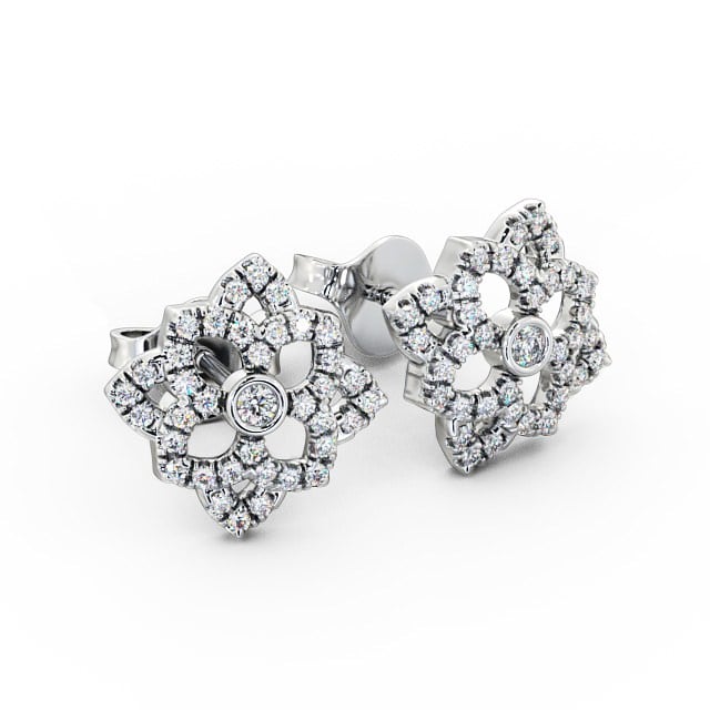Floral Style Round Diamond Earrings 18K White Gold - Fleur ERG81_WG_FLAT