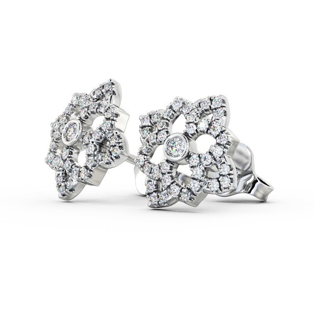 Floral Style Round Diamond Earrings 18K White Gold - Fleur ERG81_WG_SIDE