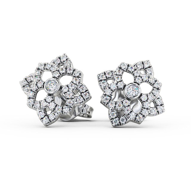 Floral Style Round Diamond Earrings 18K White Gold - Fleur ERG81_WG_UP