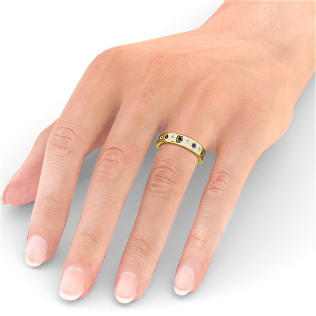 Blue Sapphire and Diamond 0.70ct Wedding Ring 18K Yellow Gold - Oban FE18GEM_YG_BS_HAND