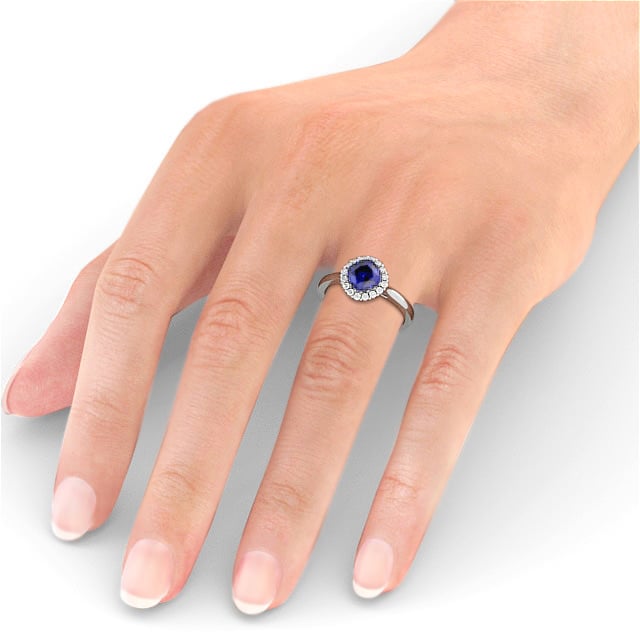 Halo Blue Sapphire and Diamond 1.46ct Ring 18K White Gold - Sienna GEM23_WG_BS_HAND