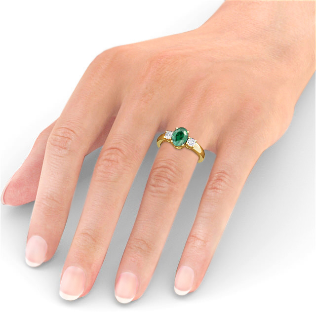 Three Stone Emerald and Diamond 1.15ct Ring 9K Yellow Gold - Mila GEM24_YG_EM_HAND