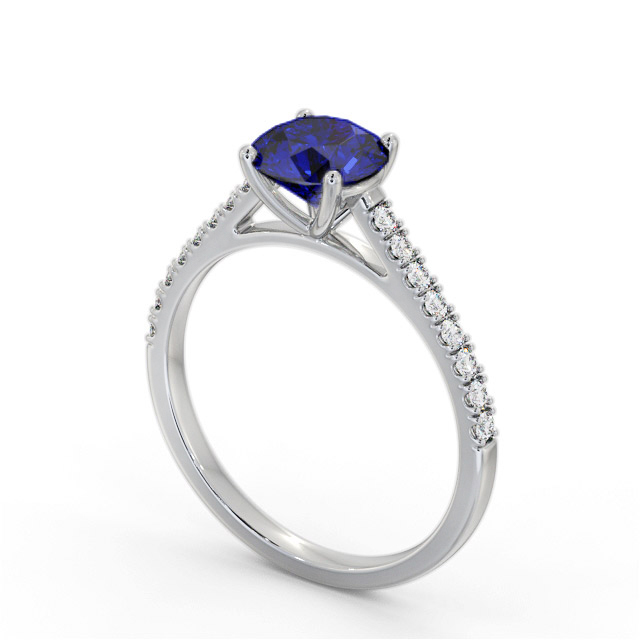 Solitaire Blue Sapphire and Diamond 18K White Gold Ring With Side Stones- Damaris GEM86_WG_BS_SIDE