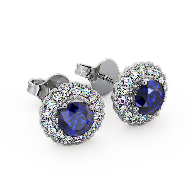 Halo Blue Sapphire and Diamond 1.56ct Earrings 18K White Gold - Braga GEMERG2_WG_BS_FLAT