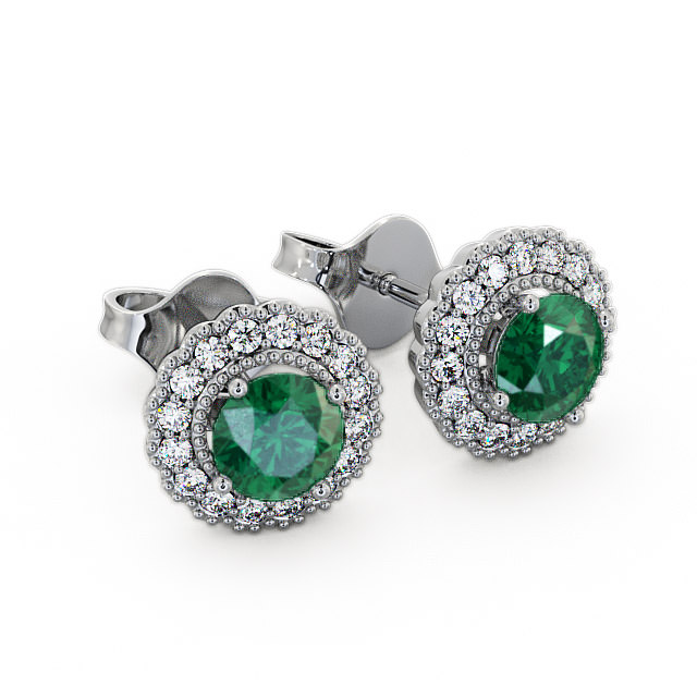 Halo Emerald and Diamond 1.22ct Earrings 18K White Gold - Braga GEMERG2_WG_EM_FLAT