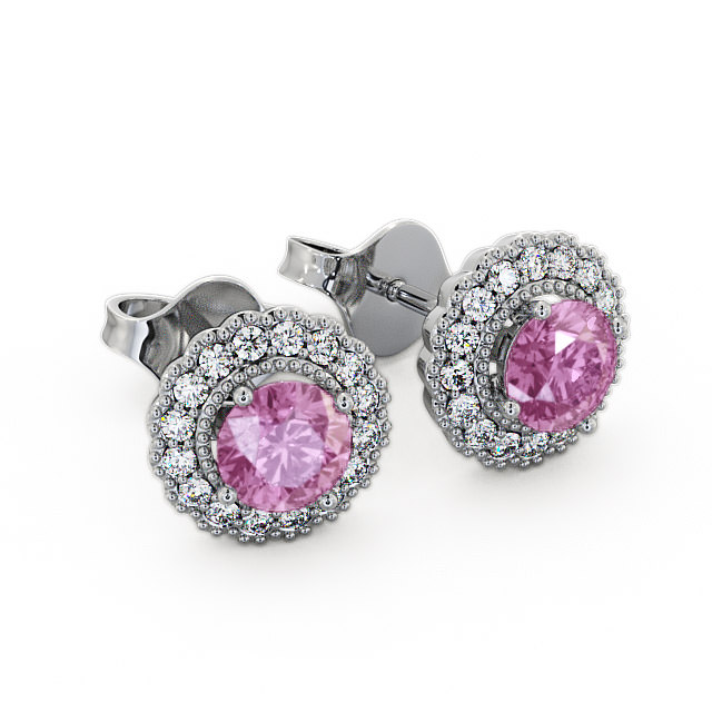 Halo Pink Sapphire and Diamond 1.56ct Earrings 18K White Gold - Braga GEMERG2_WG_PS_FLAT