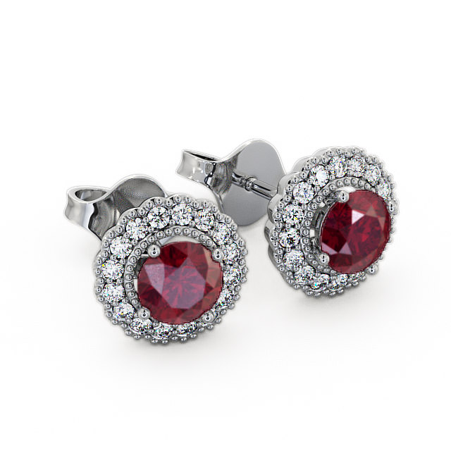 Halo Ruby and Diamond 1.56ct Earrings 9K White Gold - Braga GEMERG2_WG_RU_FLAT