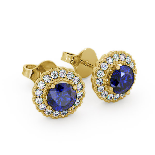 Halo Blue Sapphire and Diamond 1.56ct Earrings 9K Yellow Gold - Braga GEMERG2_YG_BS_FLAT