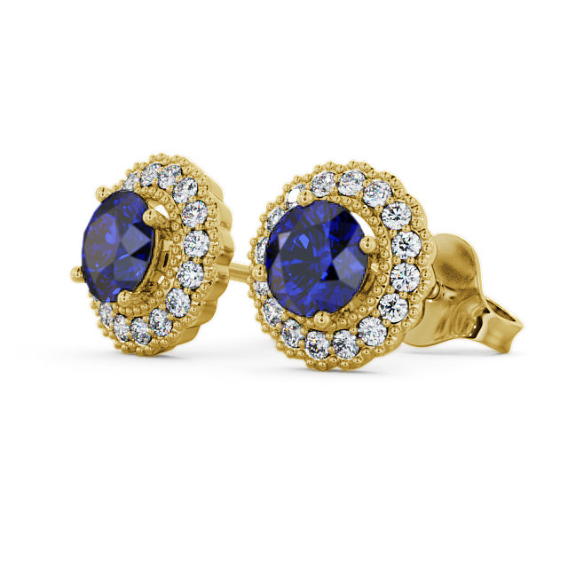 Halo Blue Sapphire and Diamond 1.56ct Earrings 9K Yellow Gold - Braga GEMERG2_YG_BS_SIDE