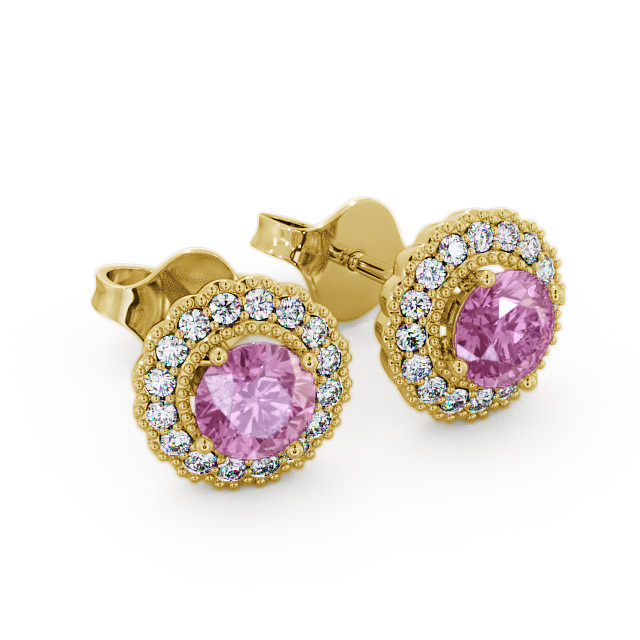 Halo Pink Sapphire and Diamond 1.56ct Earrings 9K Yellow Gold - Braga GEMERG2_YG_PS_FLAT