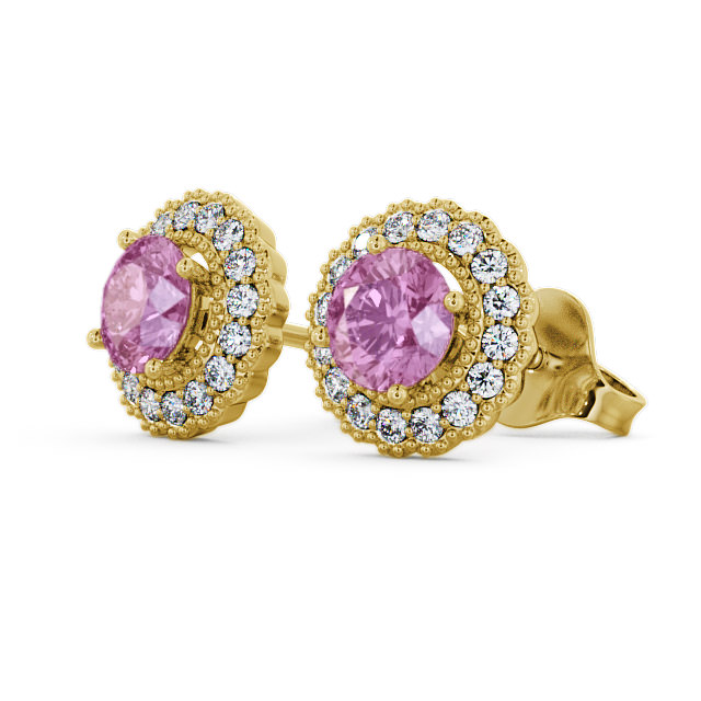 Halo Pink Sapphire and Diamond 1.56ct Earrings 9K Yellow Gold - Braga GEMERG2_YG_PS_SIDE