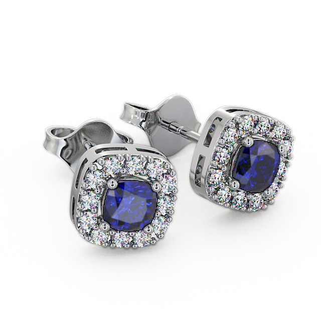Halo Blue Sapphire and Diamond 1.12ct Earrings 18K White Gold - Turin GEMERG3_WG_BS_FLAT