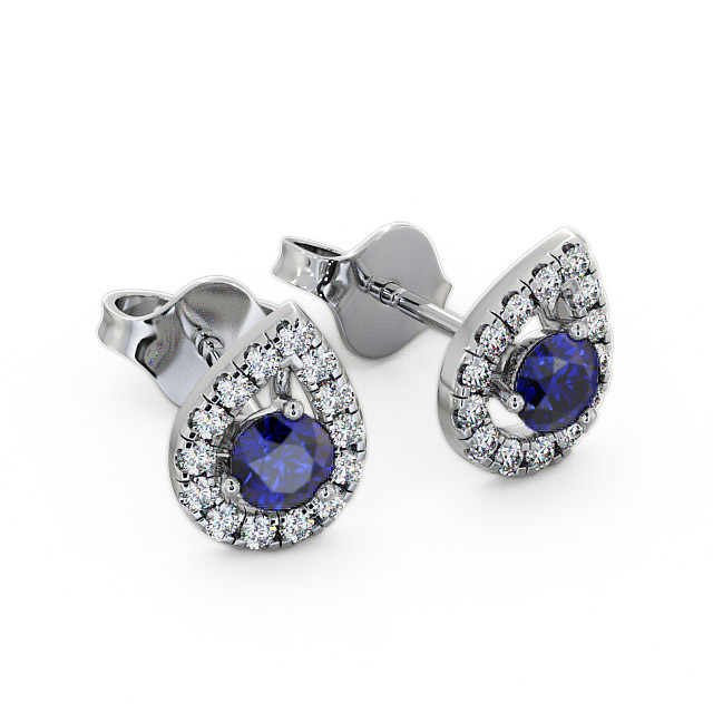 Halo Blue Sapphire and Diamond 0.96ct Earrings 9K White Gold - Voleta GEMERG4_WG_BS_FLAT