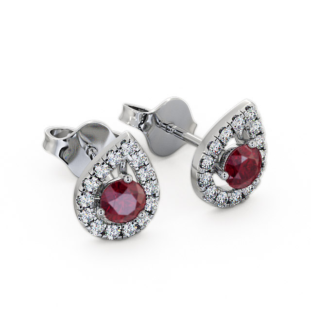Halo Ruby and Diamond 0.96ct Earrings 9K White Gold - Voleta GEMERG4_WG_RU_FLAT