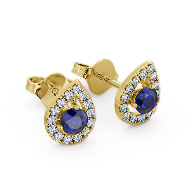 Halo Blue Sapphire and Diamond 0.96ct Earrings 9K Yellow Gold - Voleta GEMERG4_YG_BS_FLAT