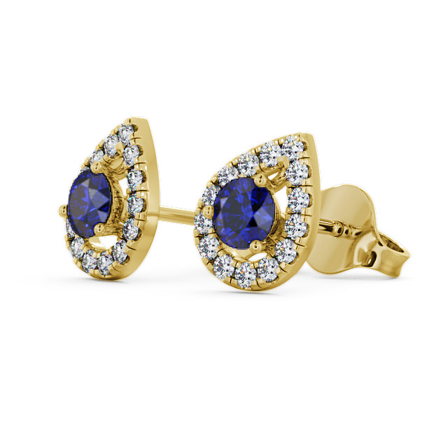 Halo Blue Sapphire and Diamond 0.96ct Earrings 9K Yellow Gold - Voleta GEMERG4_YG_BS_SIDE