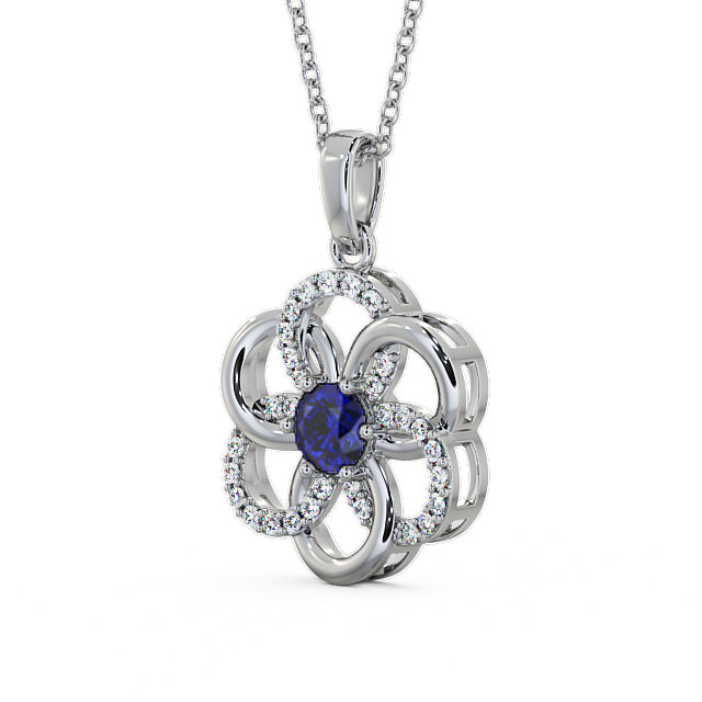 Floral Design Blue Sapphire And Diamond 0.91ct Pendant 18K White Gold ...