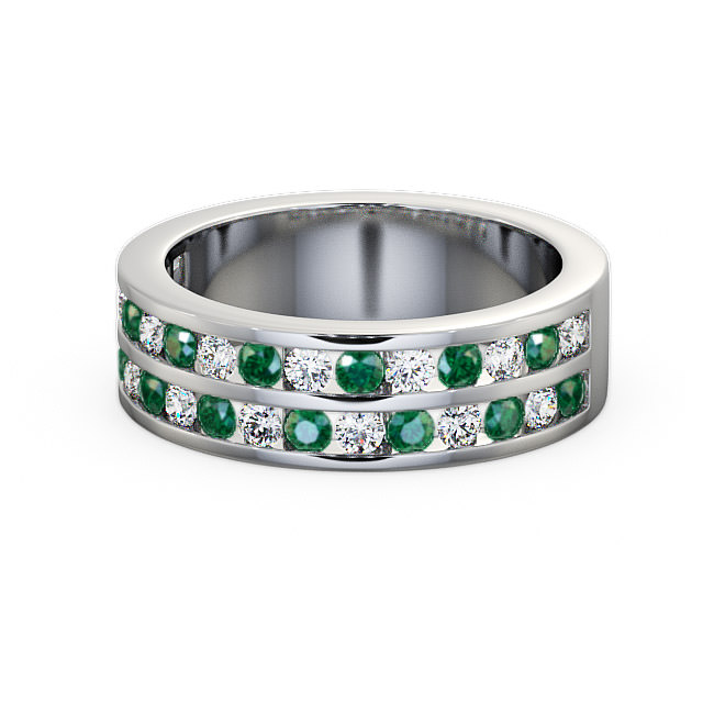 Double Row Half Eternity Emerald and Diamond 1.05ct Ring 9K White Gold - Chelford HE11GEM_WG_EM_FLAT