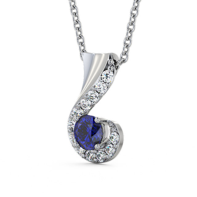 Drop Style Blue Sapphire and Diamond 0.89ct Pendant 9K White Gold - Paisley