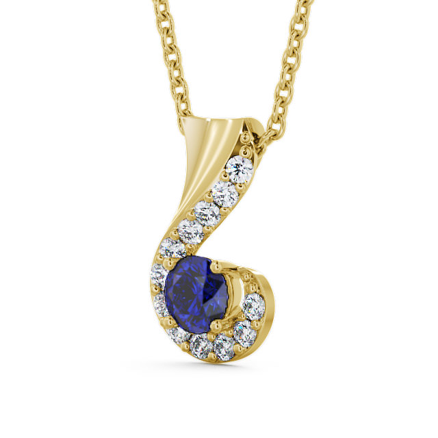 Drop Style Blue Sapphire and Diamond 0.89ct Pendant 18K Yellow Gold - Paisley