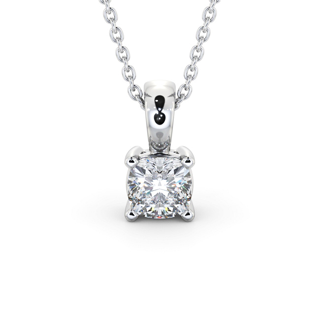 Cushion Solitaire Four Claw Stud Diamond Pendant 18K White Gold - Preece PNT158_WG_UP