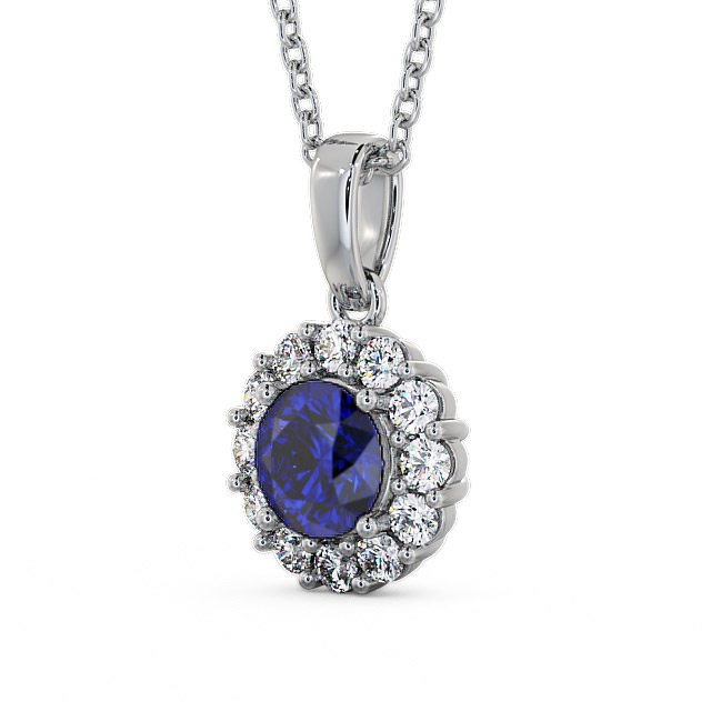 Halo Blue Sapphire and Diamond 1.89ct Pendant 9K White Gold - Chester