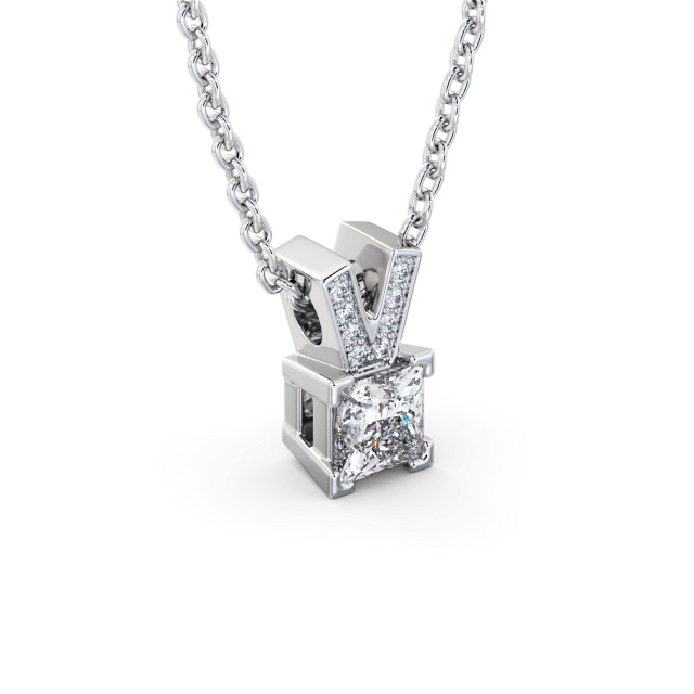 Princess Solitaire Four Claw Stud Diamond Pendant 18K White Gold - Marriott PNT179_WG_FLAT