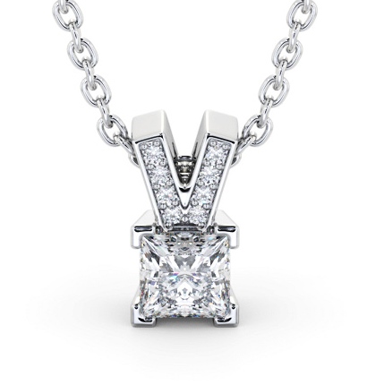  Princess Solitaire Four Claw Stud Diamond Pendant 18K White Gold - Marriott PNT179_WG_THUMB2 