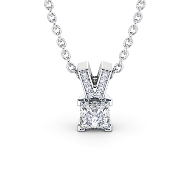 Princess Solitaire Four Claw Stud Diamond Pendant 18K White Gold - Marriott PNT179_WG_UP