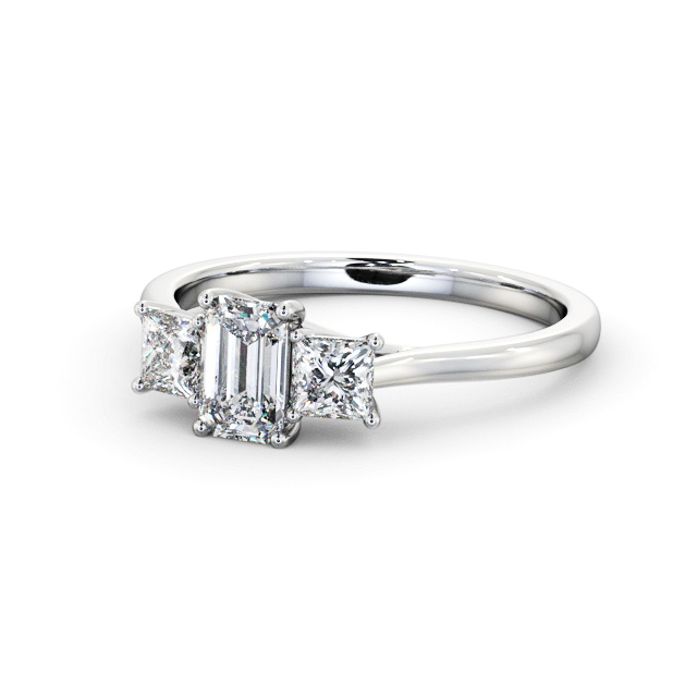 Three Stone Emerald Diamond Ring 18K White Gold - Coleby TH112_WG_FLAT