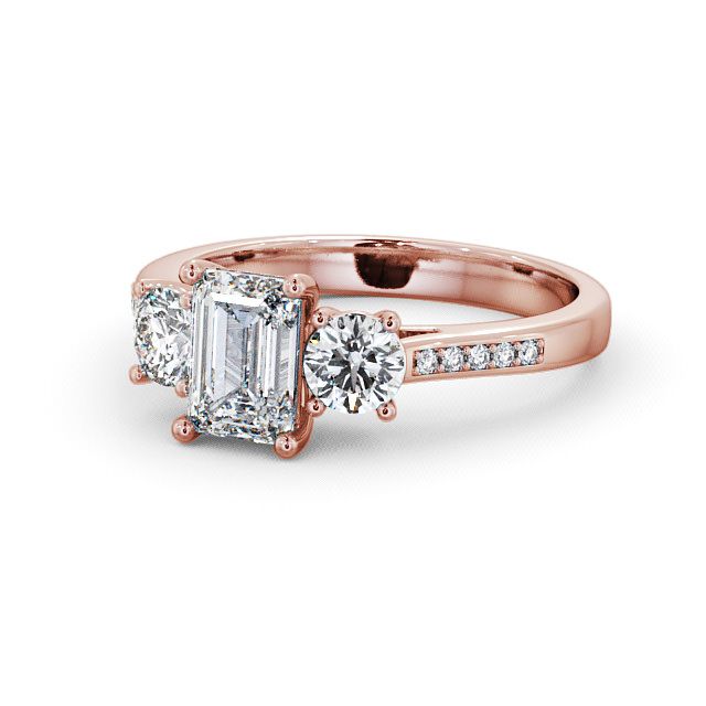 Three Stone Emerald Diamond Ring 18K Rose Gold With Side Stones - Apsley TH14S_RG_FLAT