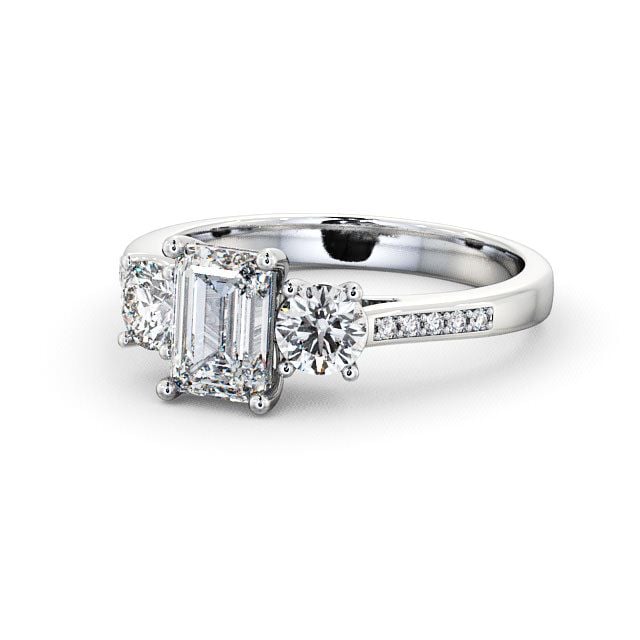 Three Stone Emerald Diamond Ring Platinum With Side Stones - Apsley TH14S_WG_FLAT