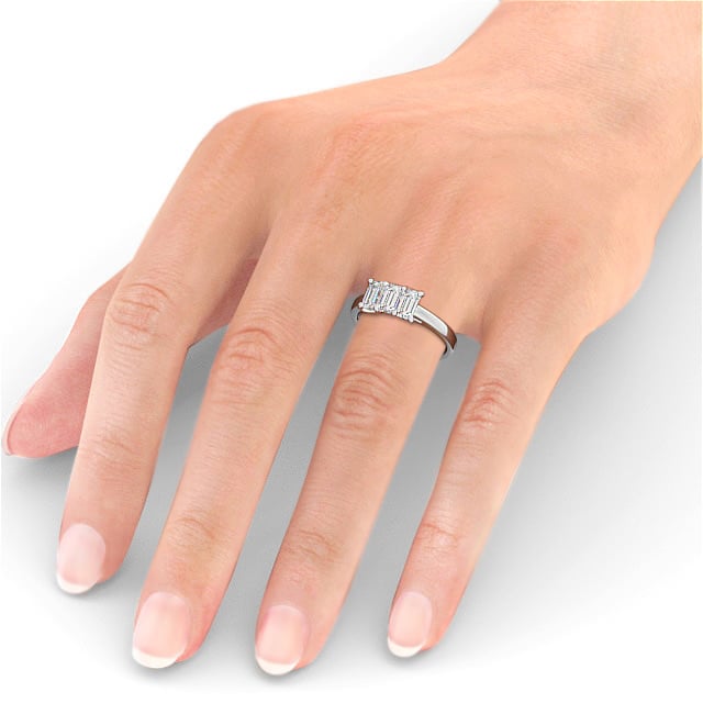 Three Stone Emerald Diamond Ring Platinum - Dearnley TH15_WG_HAND
