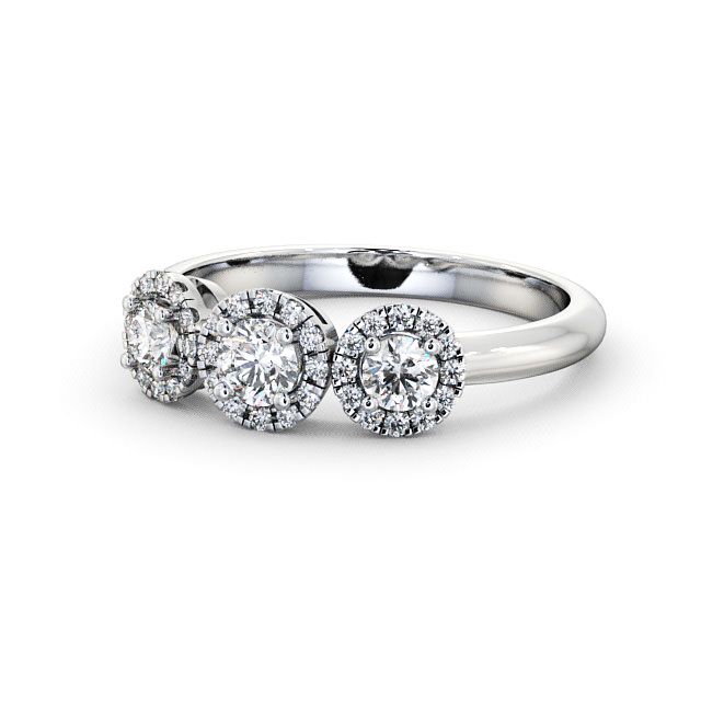 Three Stone Round Diamond Engagement Ring 18K White Gold With Halo - Addiewell TH19_WG_FLAT