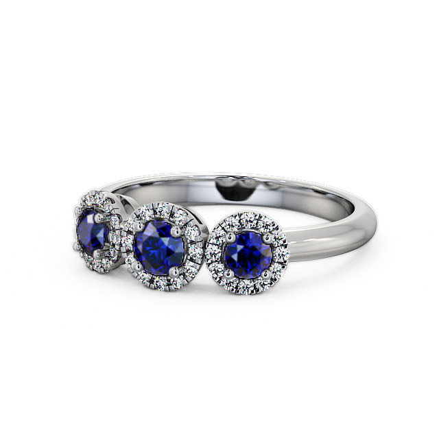 Three Stone Cluster Blue Sapphire and Diamond 0.64ct Ring 9K White Gold - Addiewell TH19GEM_WG_BS_FLAT