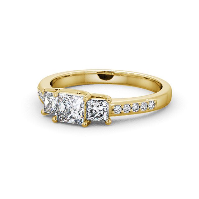 Three Stone Princess Diamond Ring 18K Yellow Gold With Side Stones - Amberley TH1S_YG_FLAT