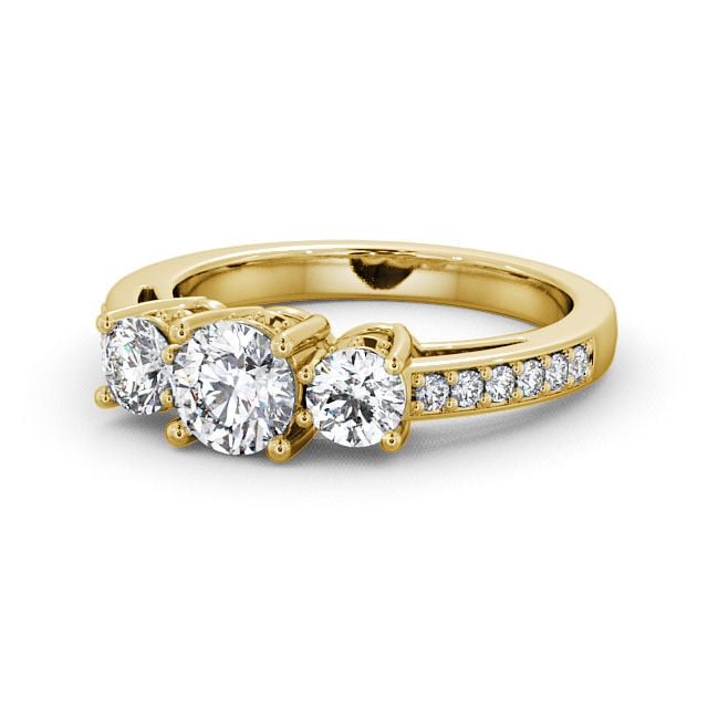 Three Stone Round Diamond Ring 18K Yellow Gold With Side Stones - Beaumont TH20_YG_FLAT